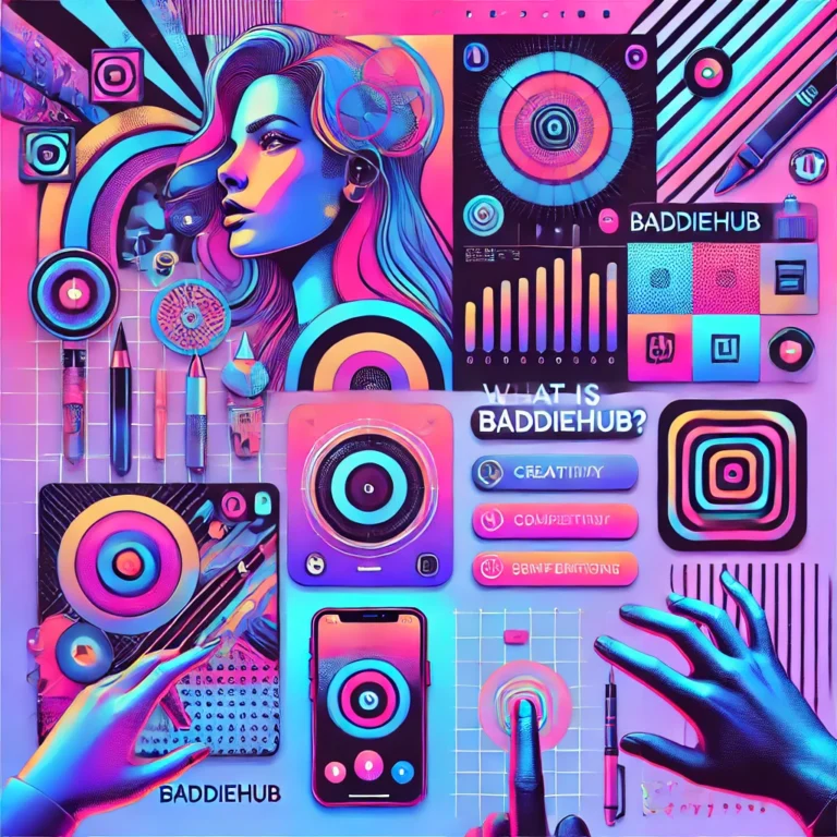 A vibrant and modern feature image with neon colors, abstract patterns, and silhouettes of fashionable individuals, representing creativity and bold aesthetics in line with the Baddiehub theme.