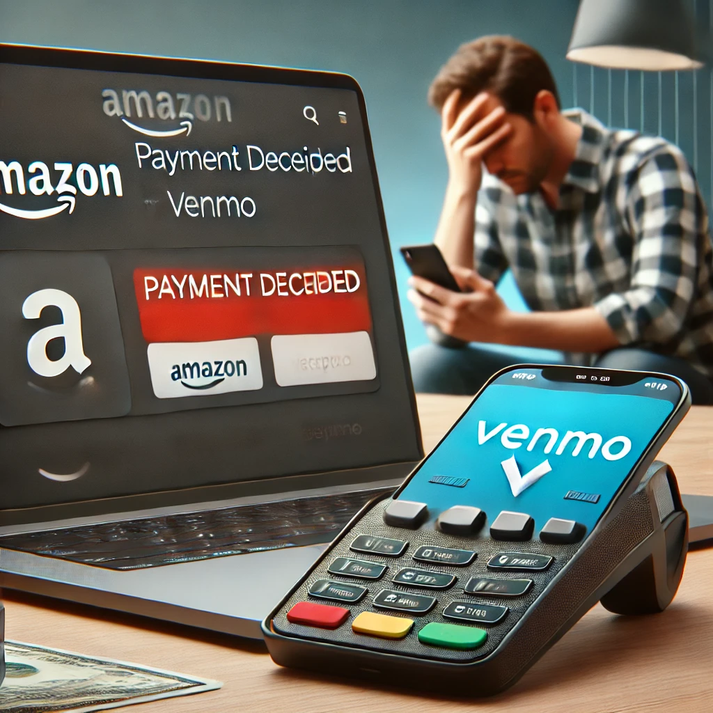 Amazon checkout screen displaying a 'Payment Declined' message for Venmo, with a frustrated online shopper holding a smartphone showing the Venmo app