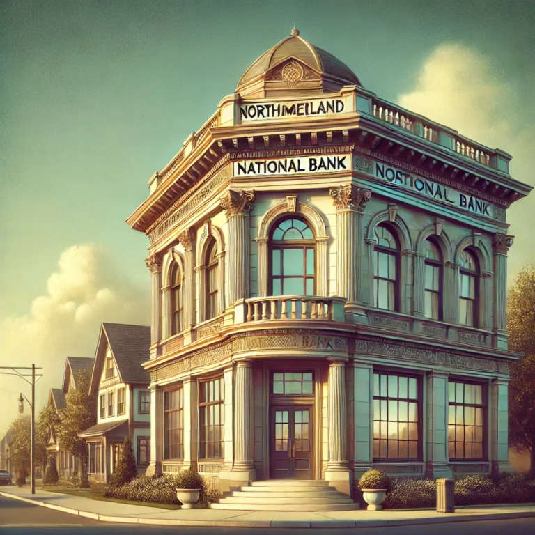 A historic bank building with elegant architecture, featuring the name "Northumberland National Bank," set in a peaceful small-town environment.